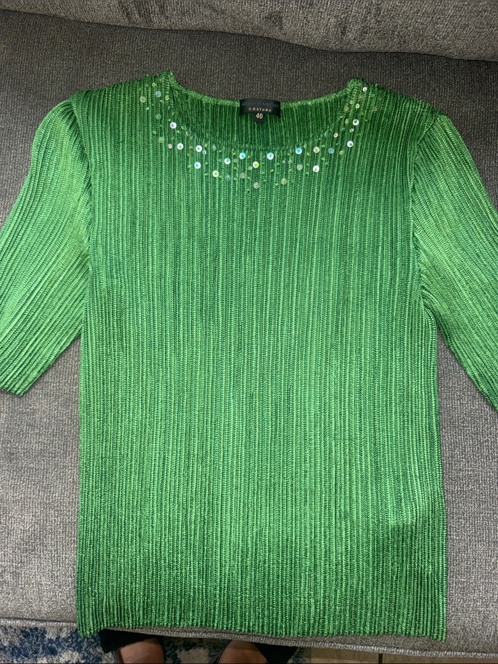 Adolfo Dominguez Green Ribbed Knit Top with Sequin Neckline